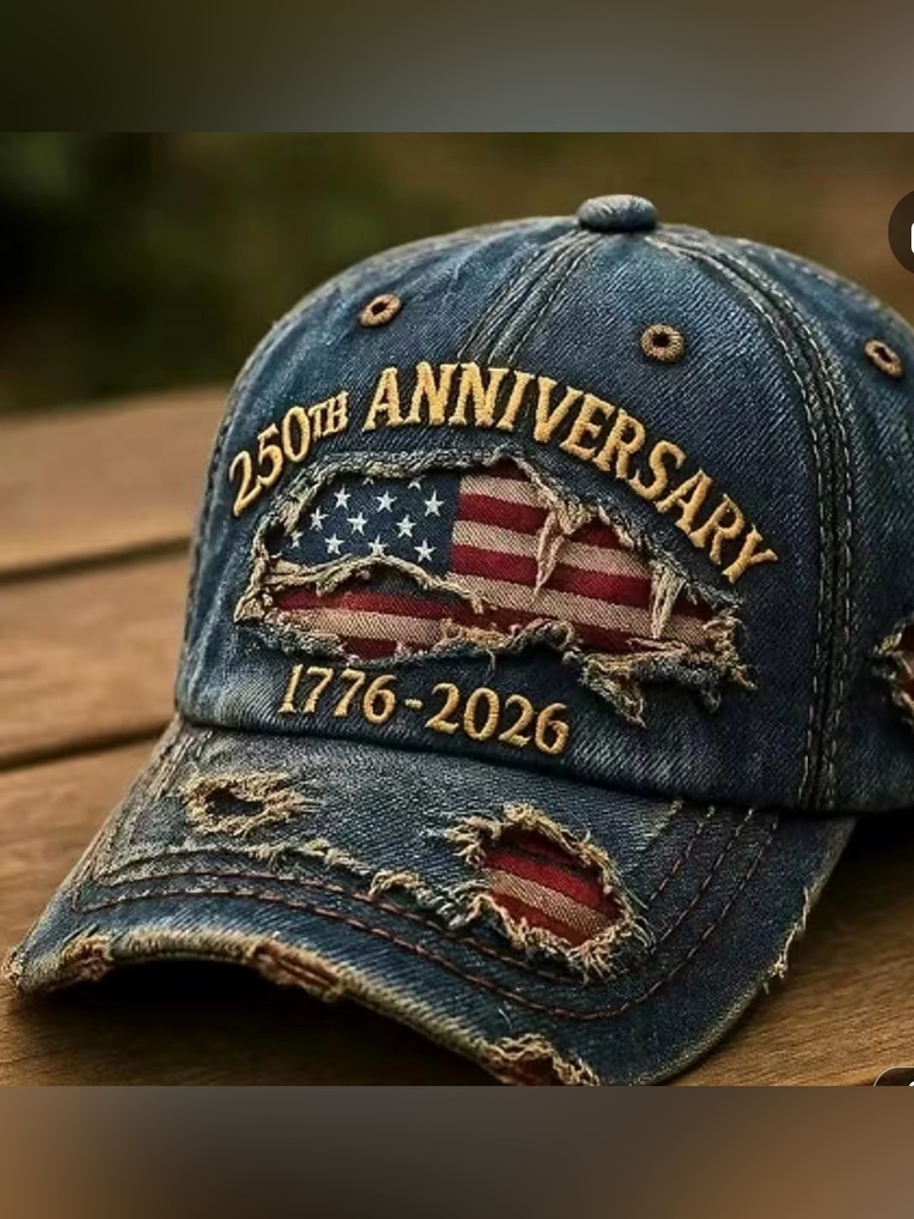 250th Anniversary Distressed Denim Baseball Cap - Blue with American Flag